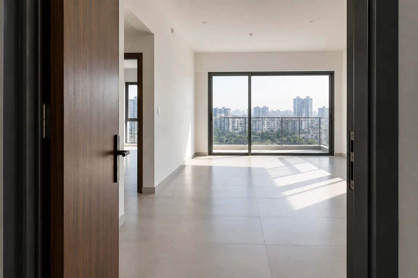 Illustrative view through an open front door into a bright, newly completed apartment