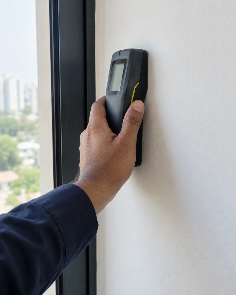 Illustrative close-up of an inspector using a pinless moisture meter on an interior wall