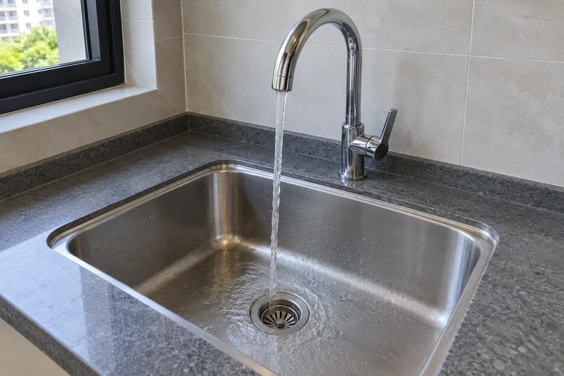 Illustrative repair photo of a kitchen sink and running tap